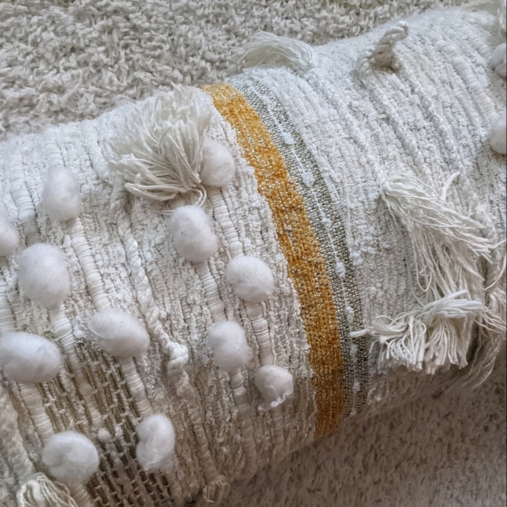 All Roads long lumbar pillow, yellow silver ivory, Anthropologie Home